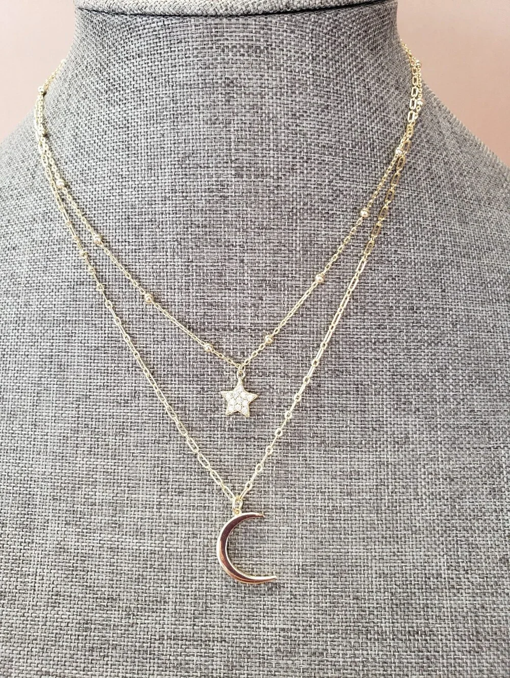 Sterling Silver Vermeil Double Strand Star with CZs and Crescent Moon Necklace